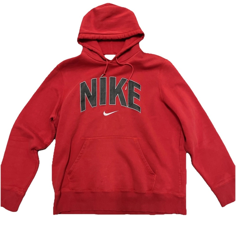 Y2K Vintage Nike Red Pullover Hooded Sweatshirt Mens L Embroidered Chest Logo